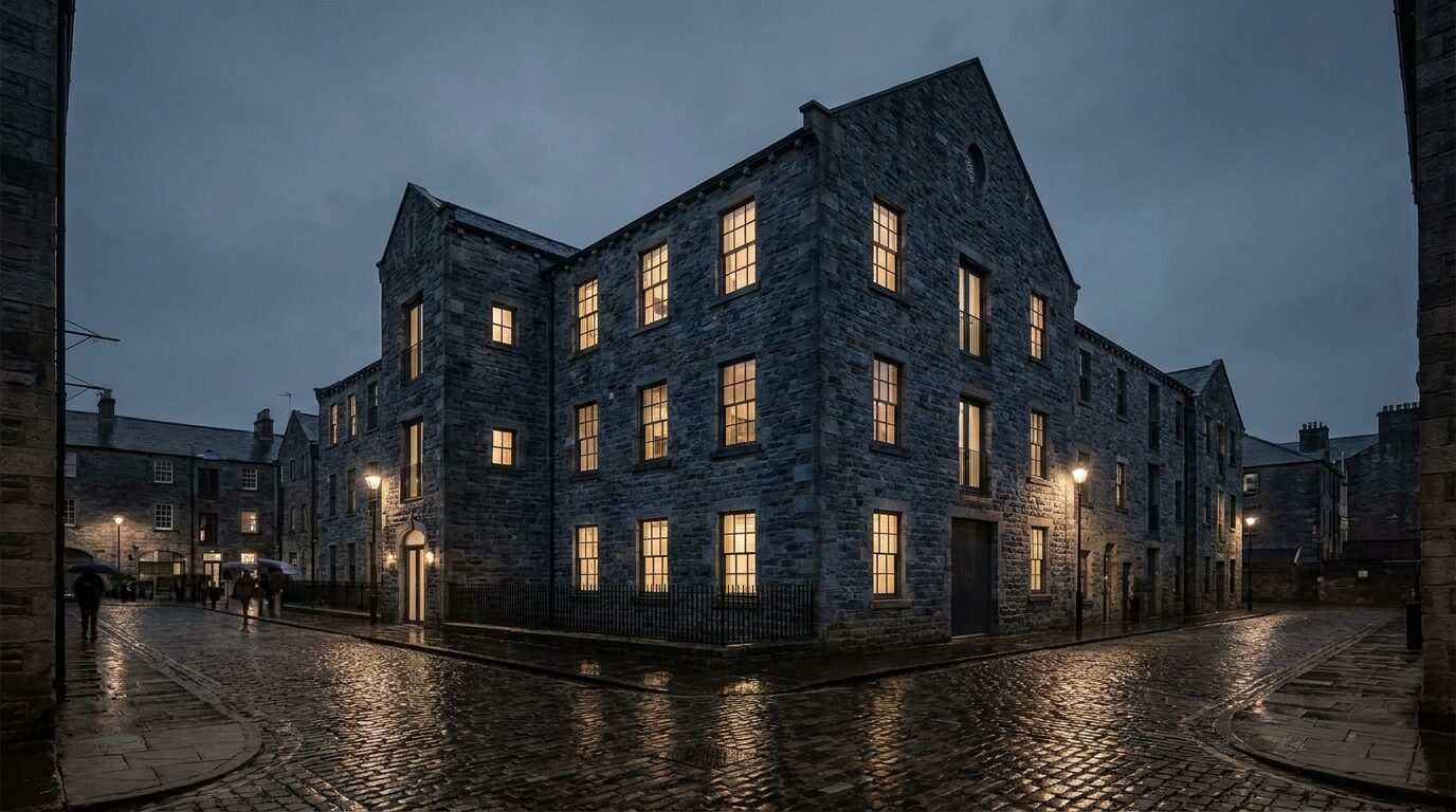 The mill at dusk, a few windows glowing warm above a wet cobbled street