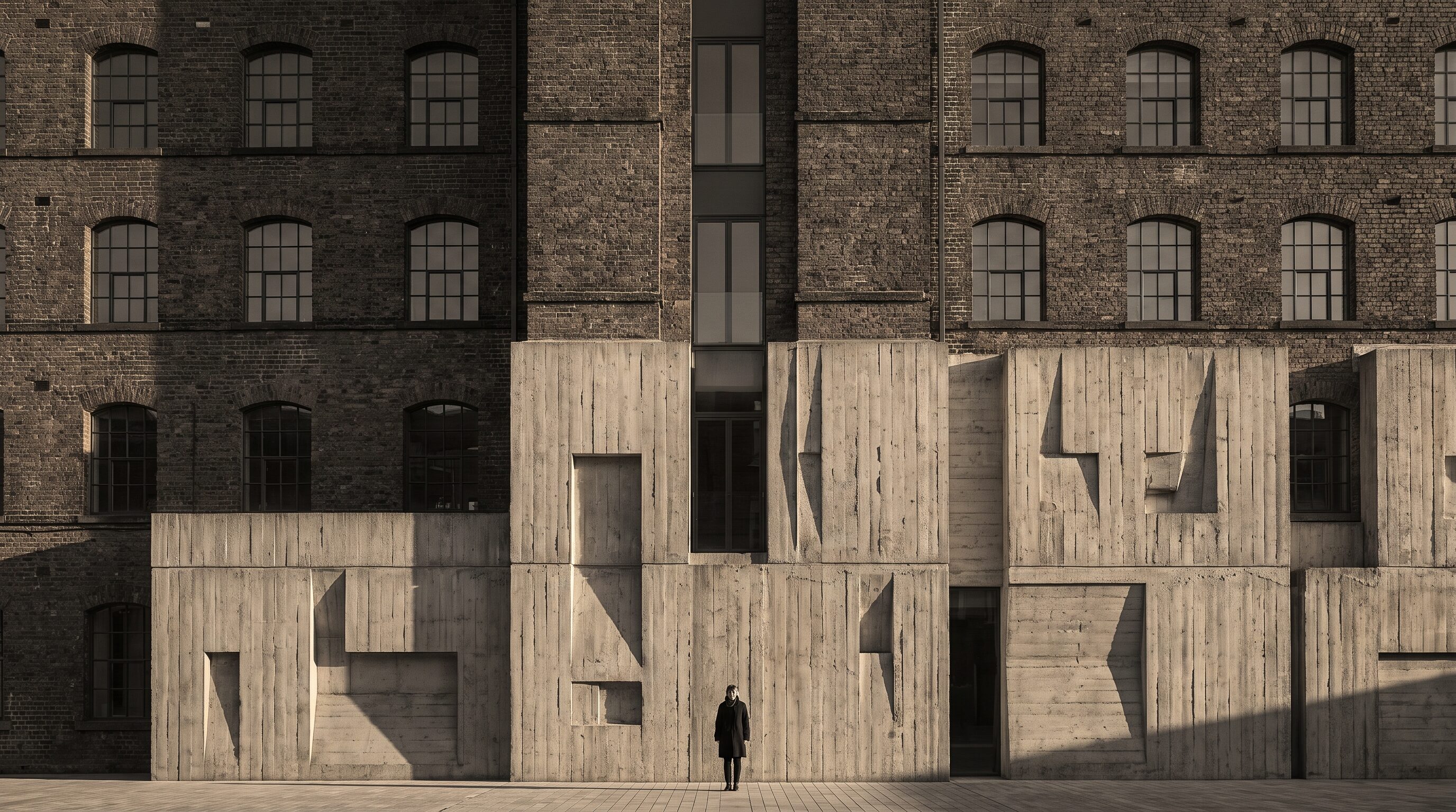 Mill facade of brick and concrete in raking morning sun