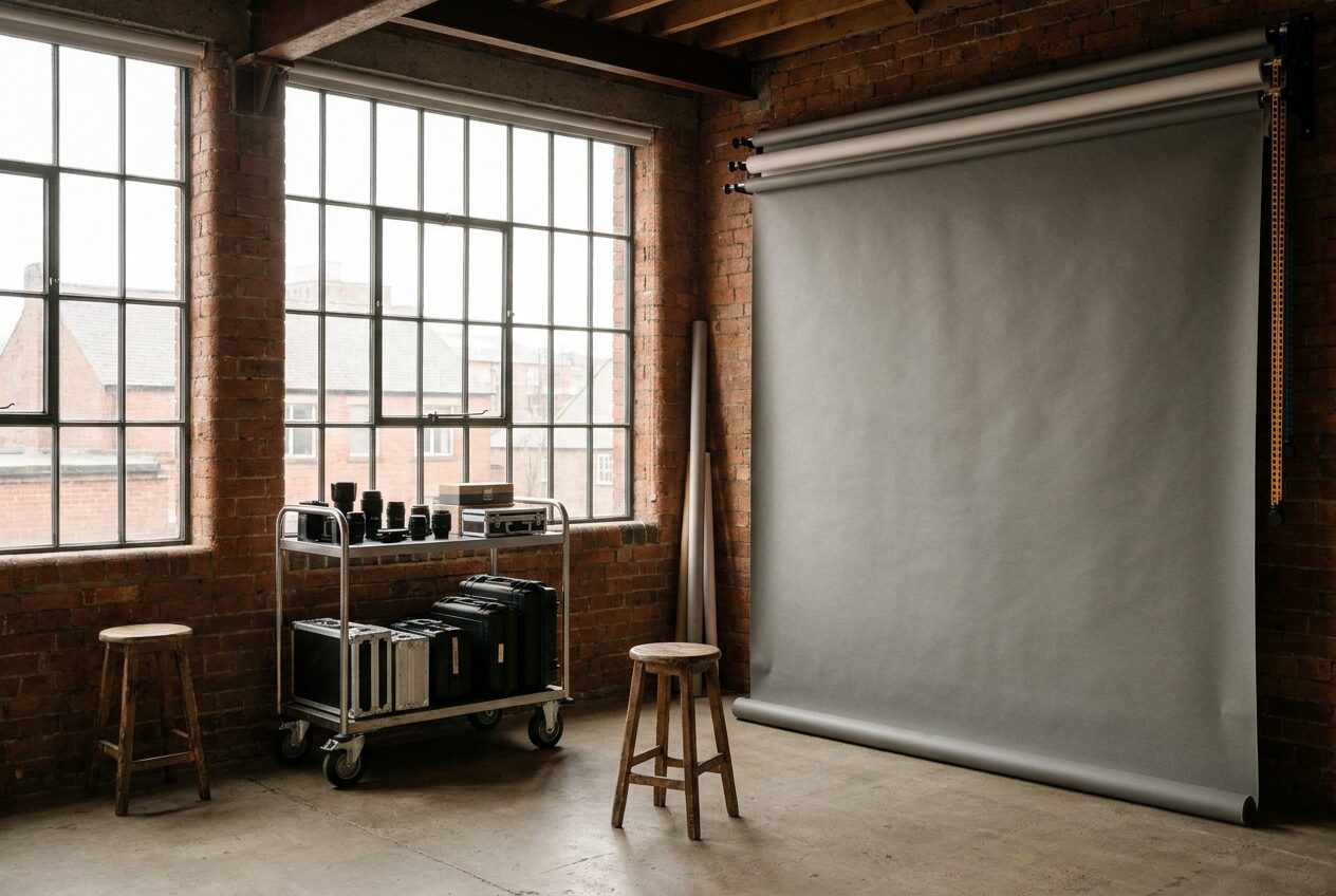 The studio floor at Baltic Works with seamless paper and lens cart