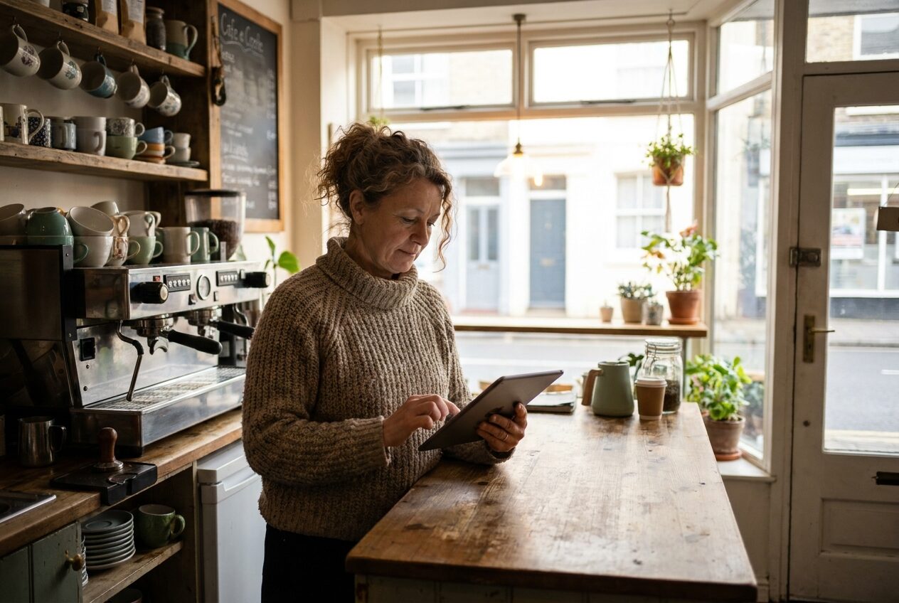 Priya Chandran behind the counter of her café Copper Fern, checking the day's takings on a tablet in morning light