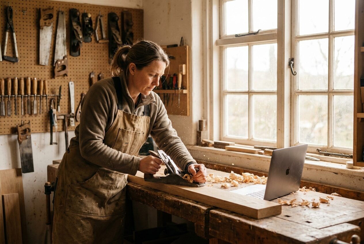 Elin Marsh planing an oak board at her workbench in the Marsh & Co joinery workshop, with a laptop nearby