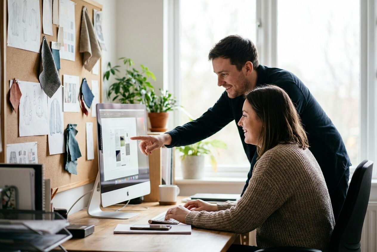 Two designers at Studio Ferrow reviewing layout work together on a desktop monitor