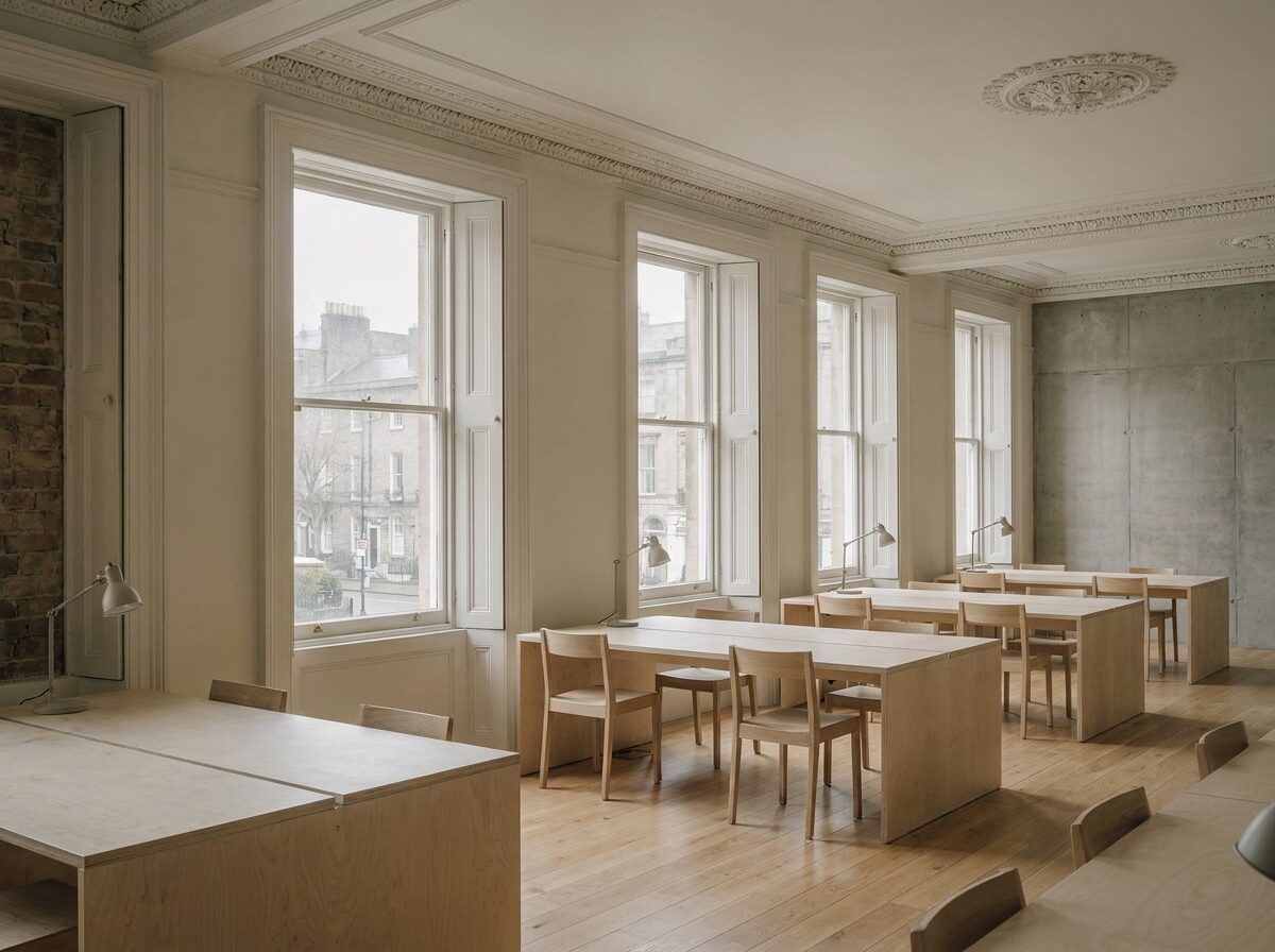 Corn St. Studios — Georgian rooms converted to workspace, sash windows and pale desks