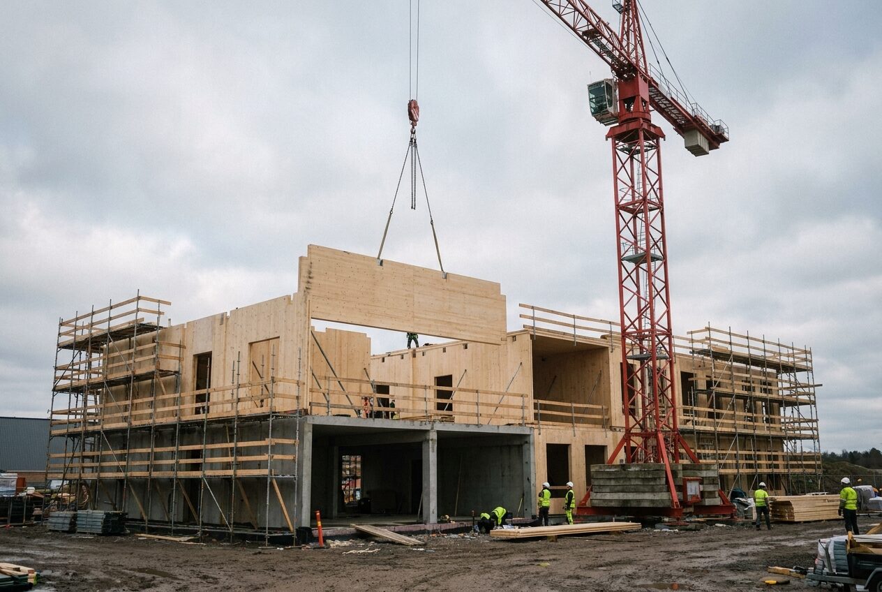 The Malthouse site — a crane lifting a cross-laminated timber panel onto the partially assembled frame