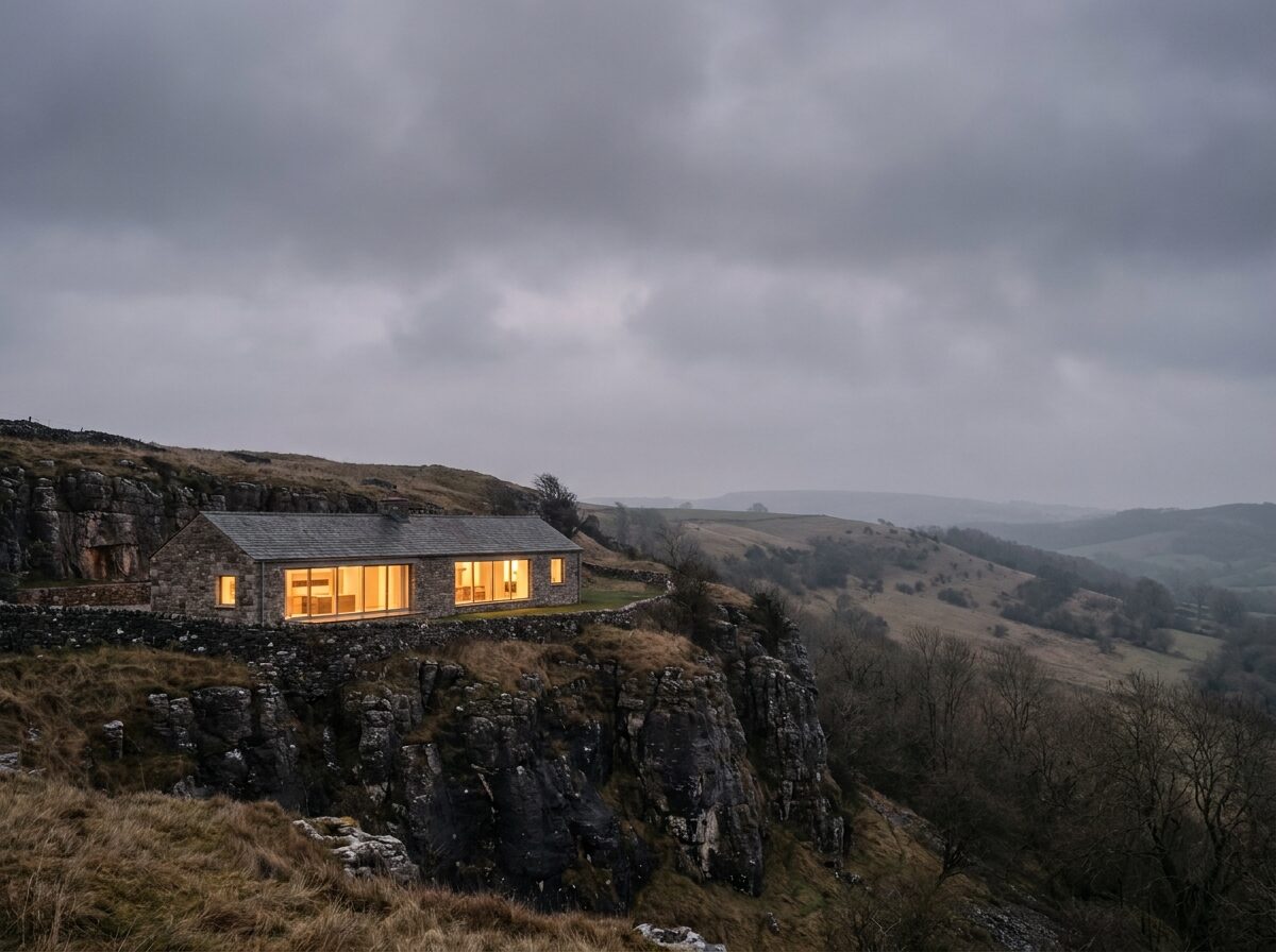 Ledge House — stone house on the escarpment at dusk