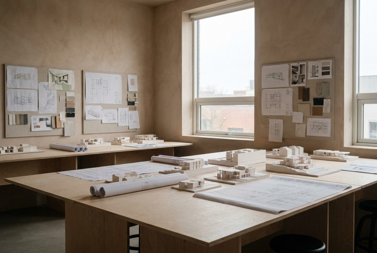 The Northarc studio — card models on desks against plaster walls