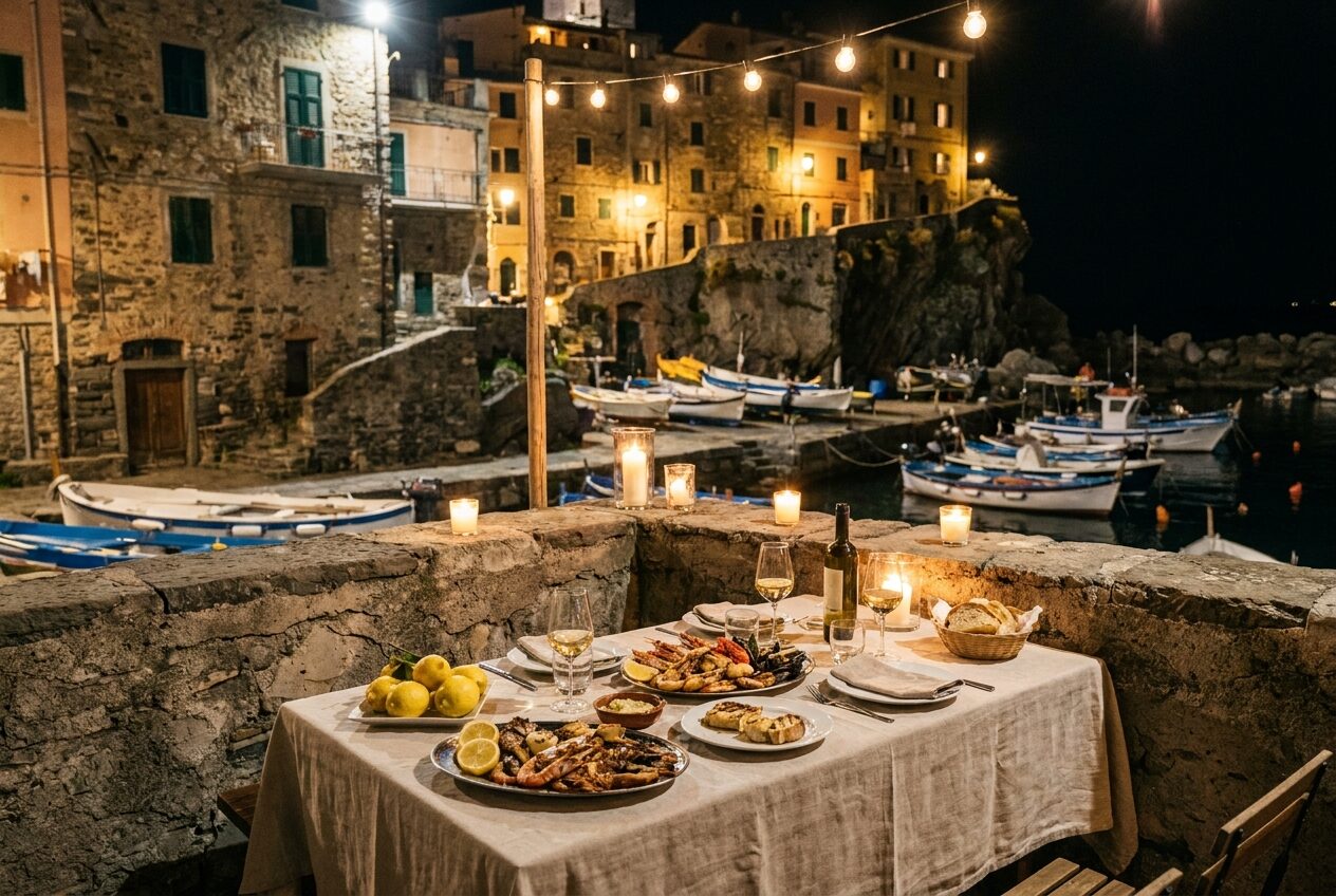 A candlelit harbourside dinner below cliff-stacked village lights