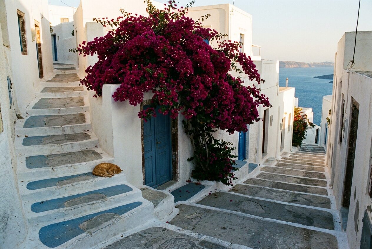 A whitewashed Cycladic alley with magenta bougainvillea