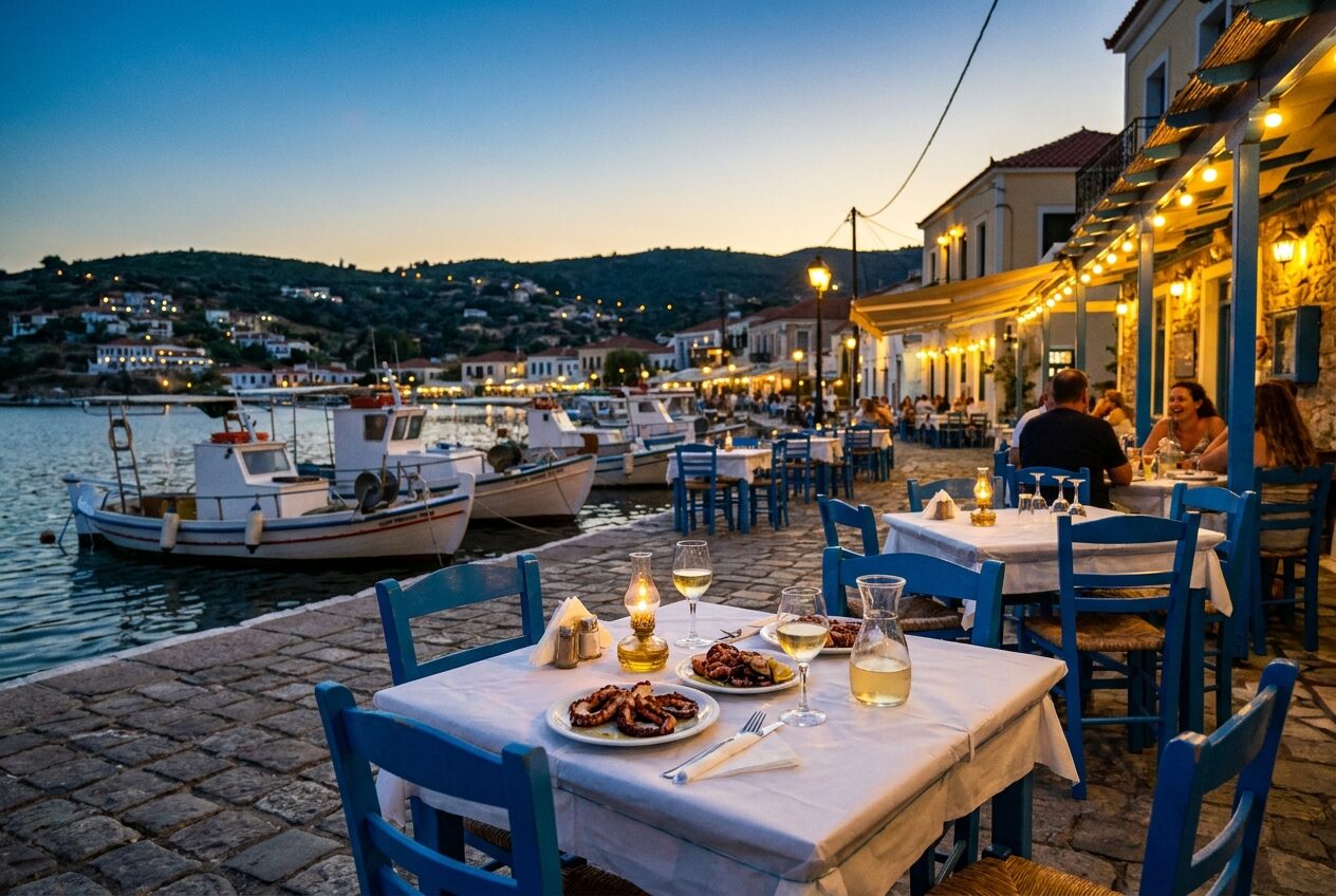 A Greek harbourside taverna at dusk, tables at the water's edge