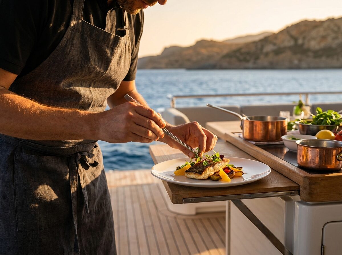 A private chef plating a dish on a yacht's aft deck at golden hour