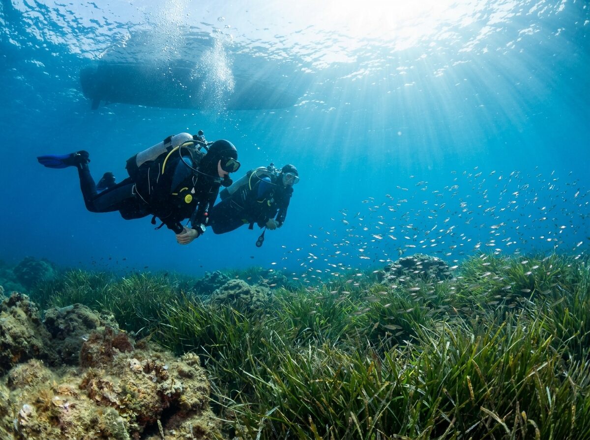 Two divers over a sunlit Mediterranean reef with a school of silver fish