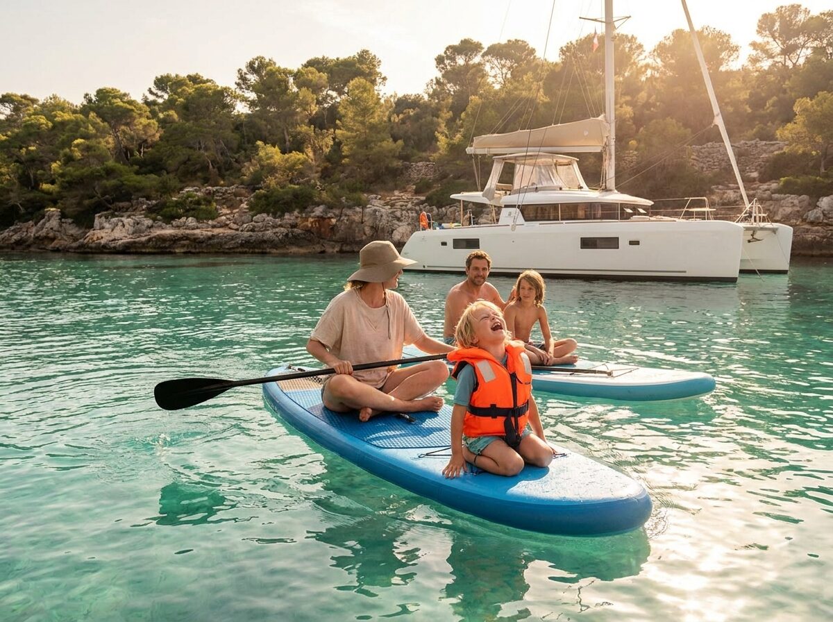 A child and parent paddleboarding beside an anchored catamaran