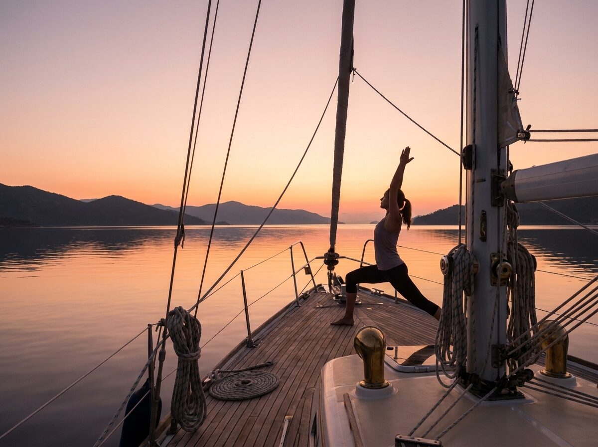 A woman practising yoga at sunrise on a yacht's foredeck in a still bay