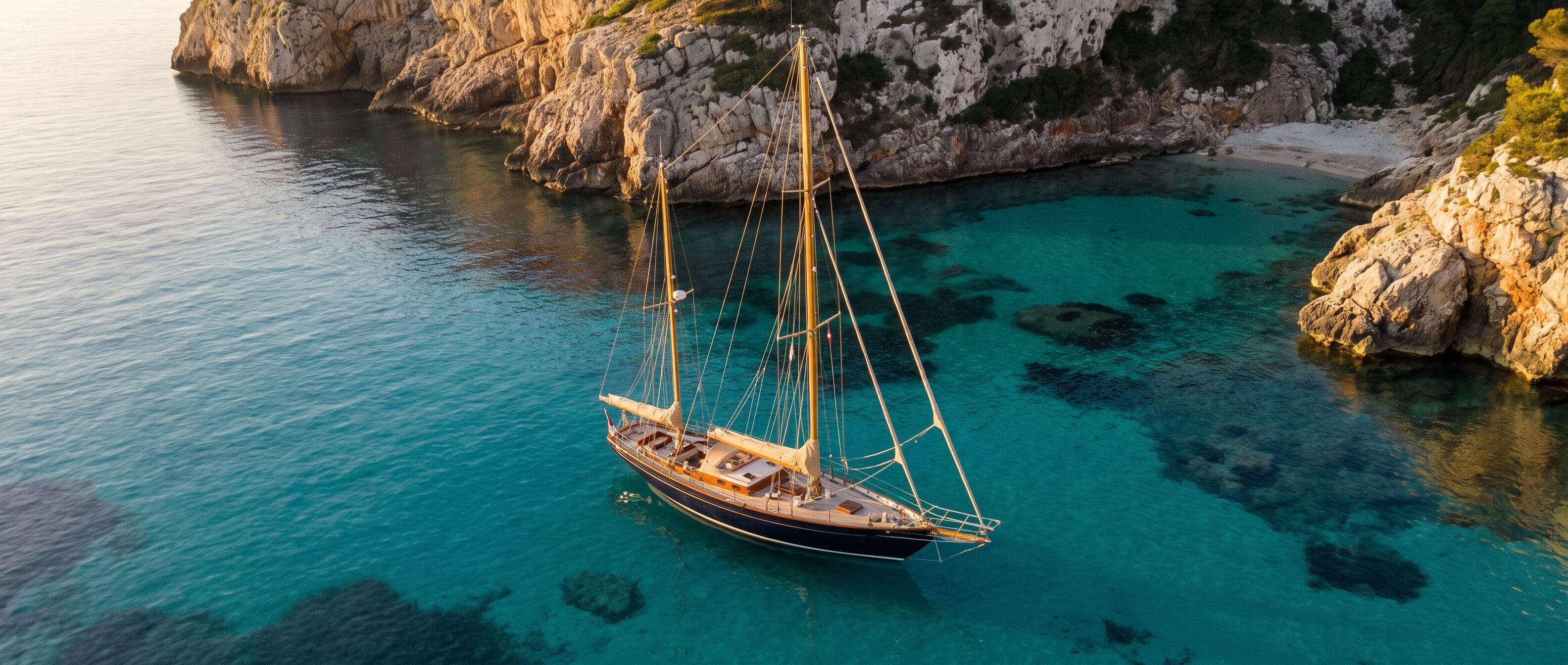 A navy-hulled sailing ketch at anchor alone in a turquoise Mediterranean cove at golden hour
