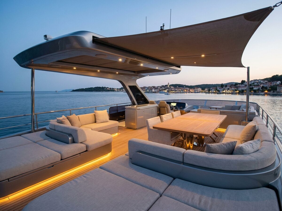 Isolde's flybridge dining area glowing at dusk