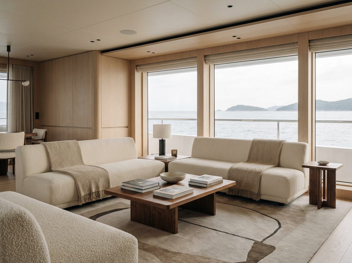 Isolde's main salon in pale oak with floor-to-ceiling sea views