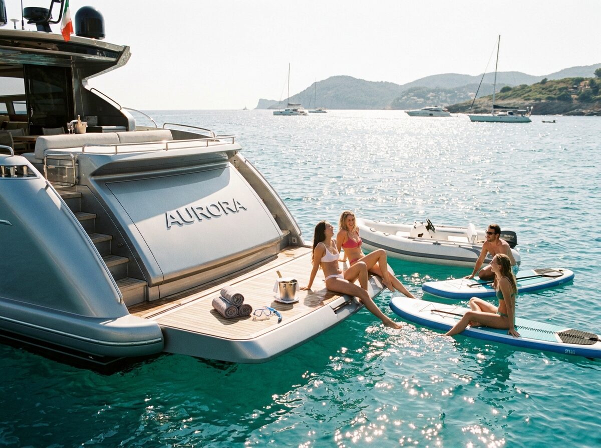 Isolde's swim platform lowered to the waterline with paddleboards