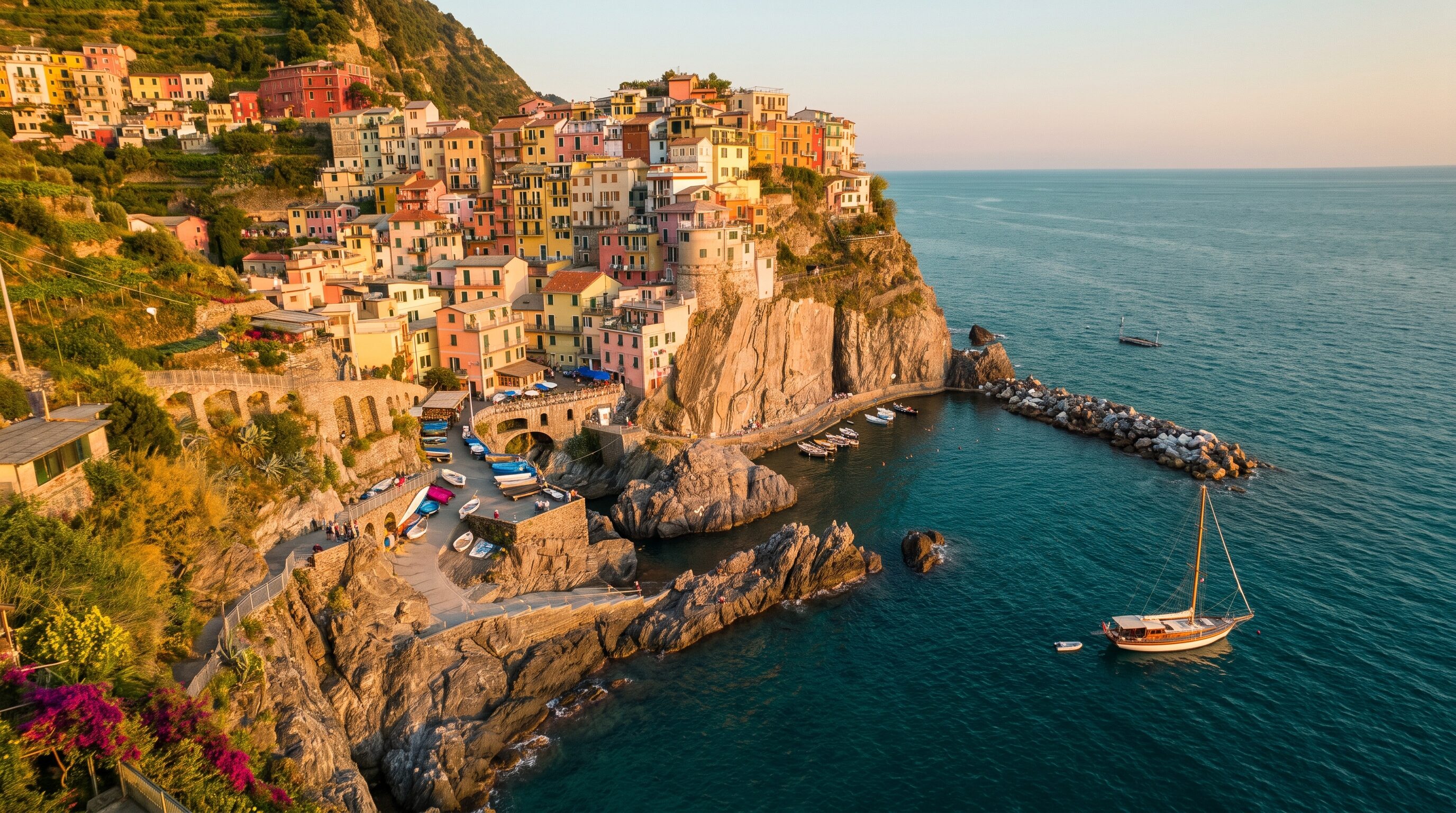 Pastel houses of the Amalfi Coast above a small harbour at golden hour