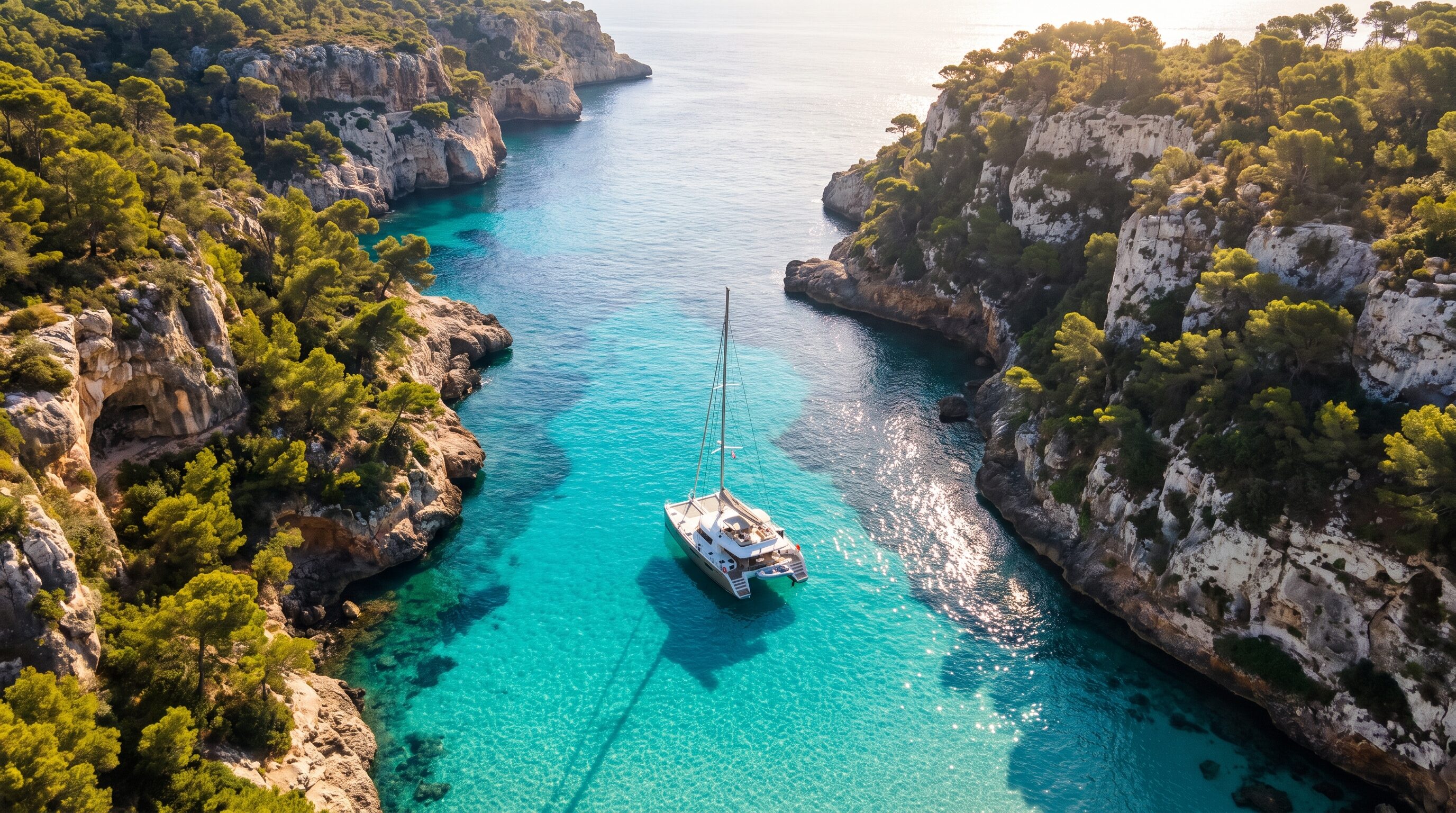 A sailing catamaran anchored in a turquoise Balearic cala between pine cliffs