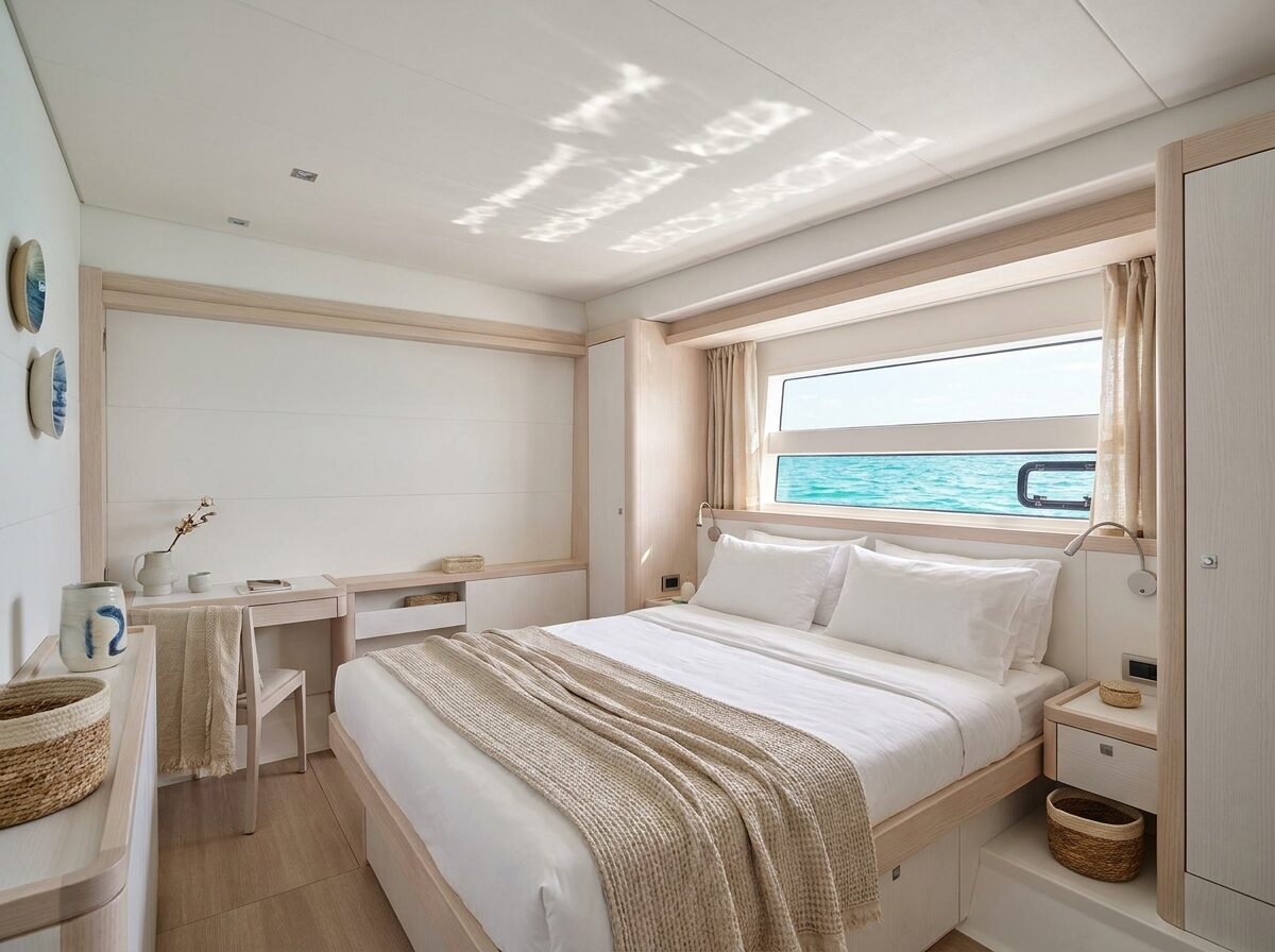 A light-filled double cabin aboard Lira with a hull window at the waterline