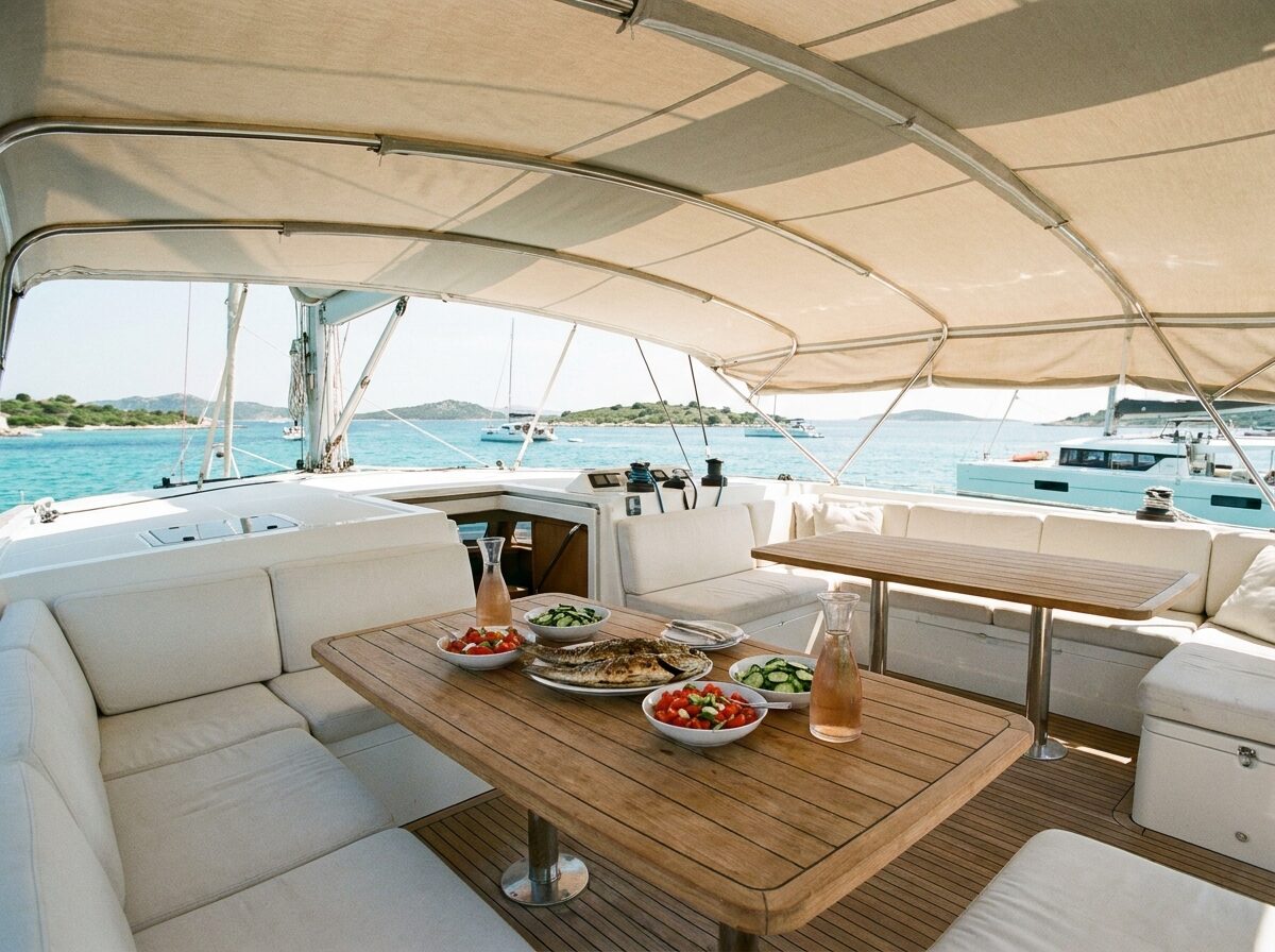 A long lunch laid in Lira's shaded cockpit