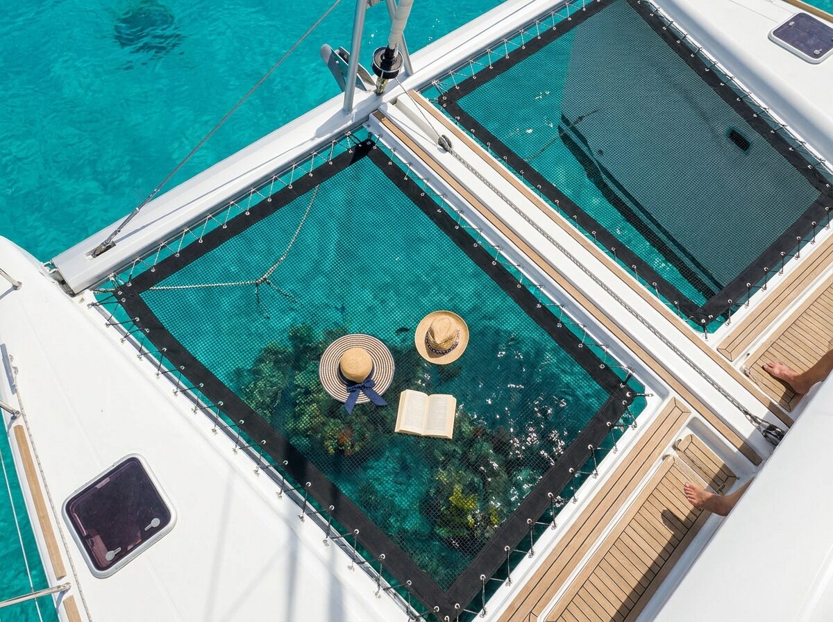 Sun hats and a book on Lira's trampoline nets above turquoise water