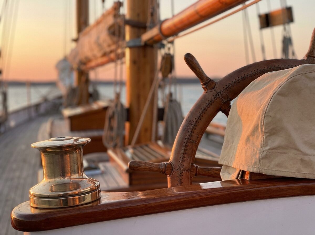 Varnished mahogany rail and bronze winch aboard Meltemi