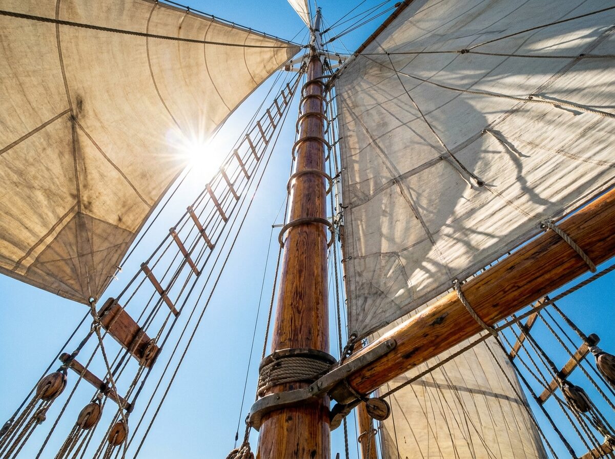 Looking up Meltemi's wooden mainmast under full sail