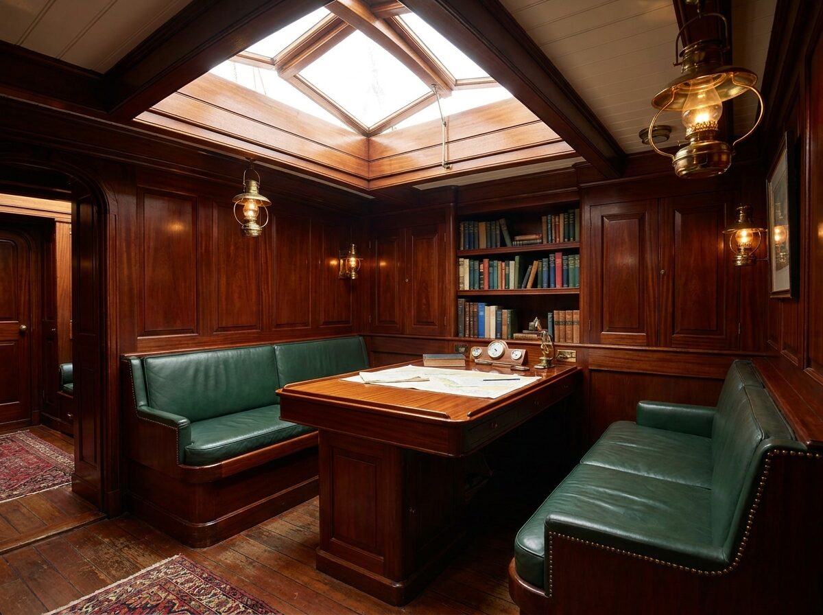 Meltemi's mahogany salon with green leather and brass lamps