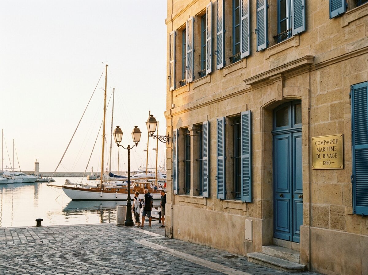Ondine's stone quay office in Nice, yachts reflected in the harbour