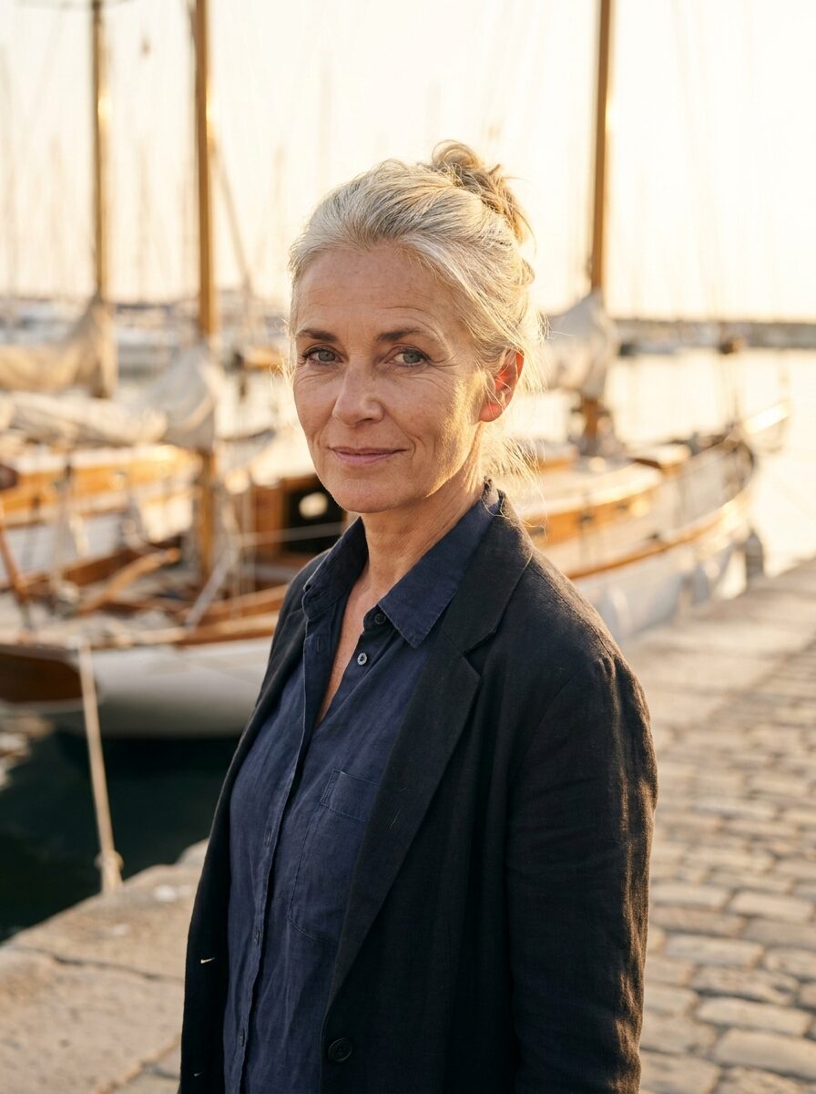 Petra Lindqvist, founder of Ondine Charters, on a stone quay at golden hour