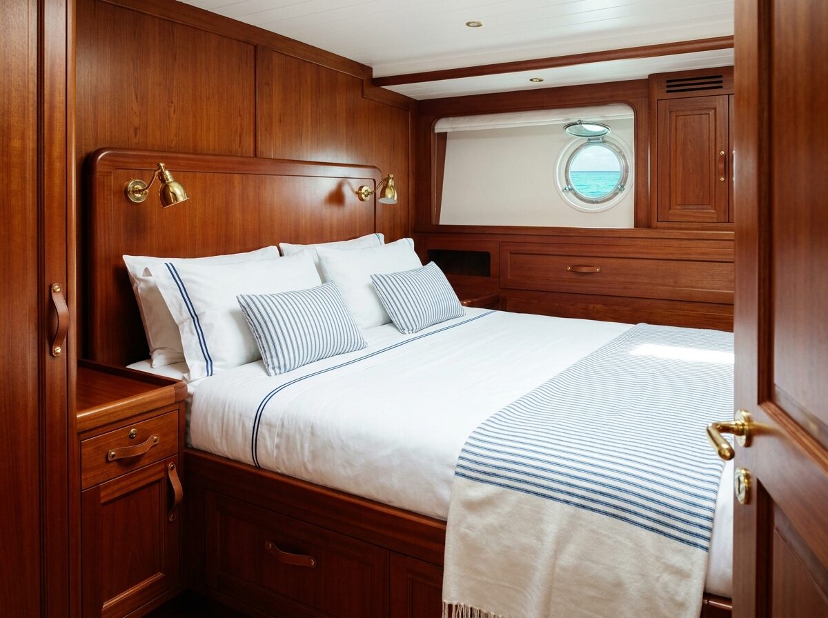 Sea Wren's master cabin in varnished mahogany with white linen
