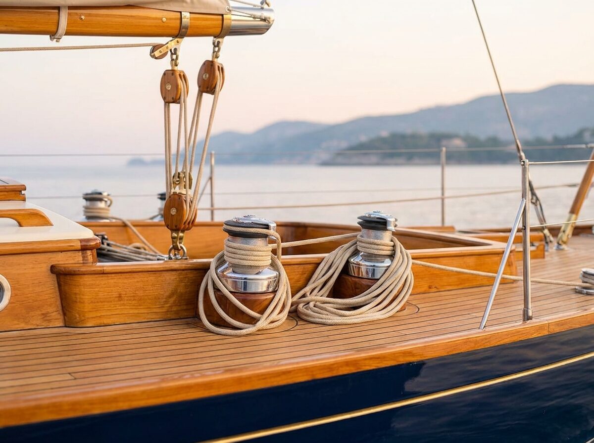 Oiled teak deck and polished winches aboard Sea Wren