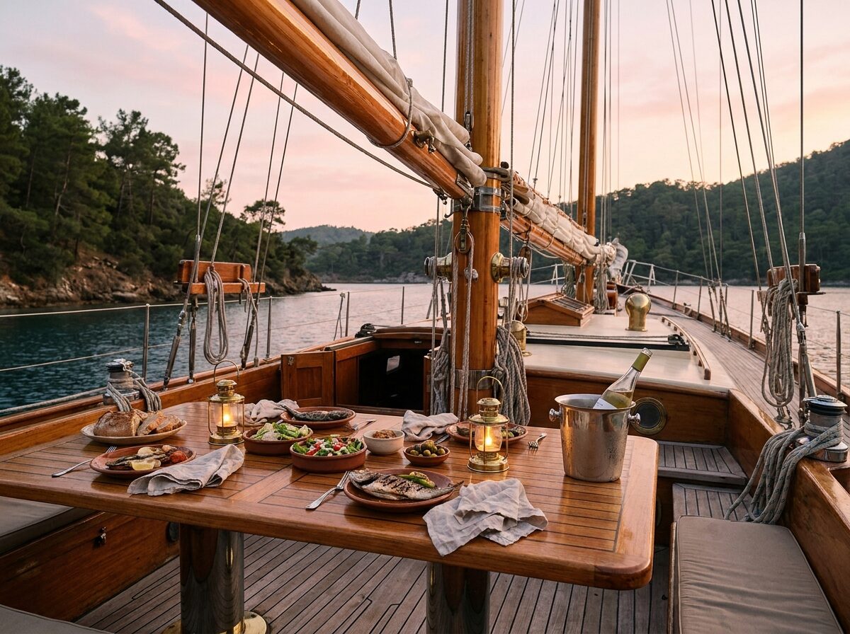 Dinner laid on a yacht's aft deck at dusk in a quiet cove