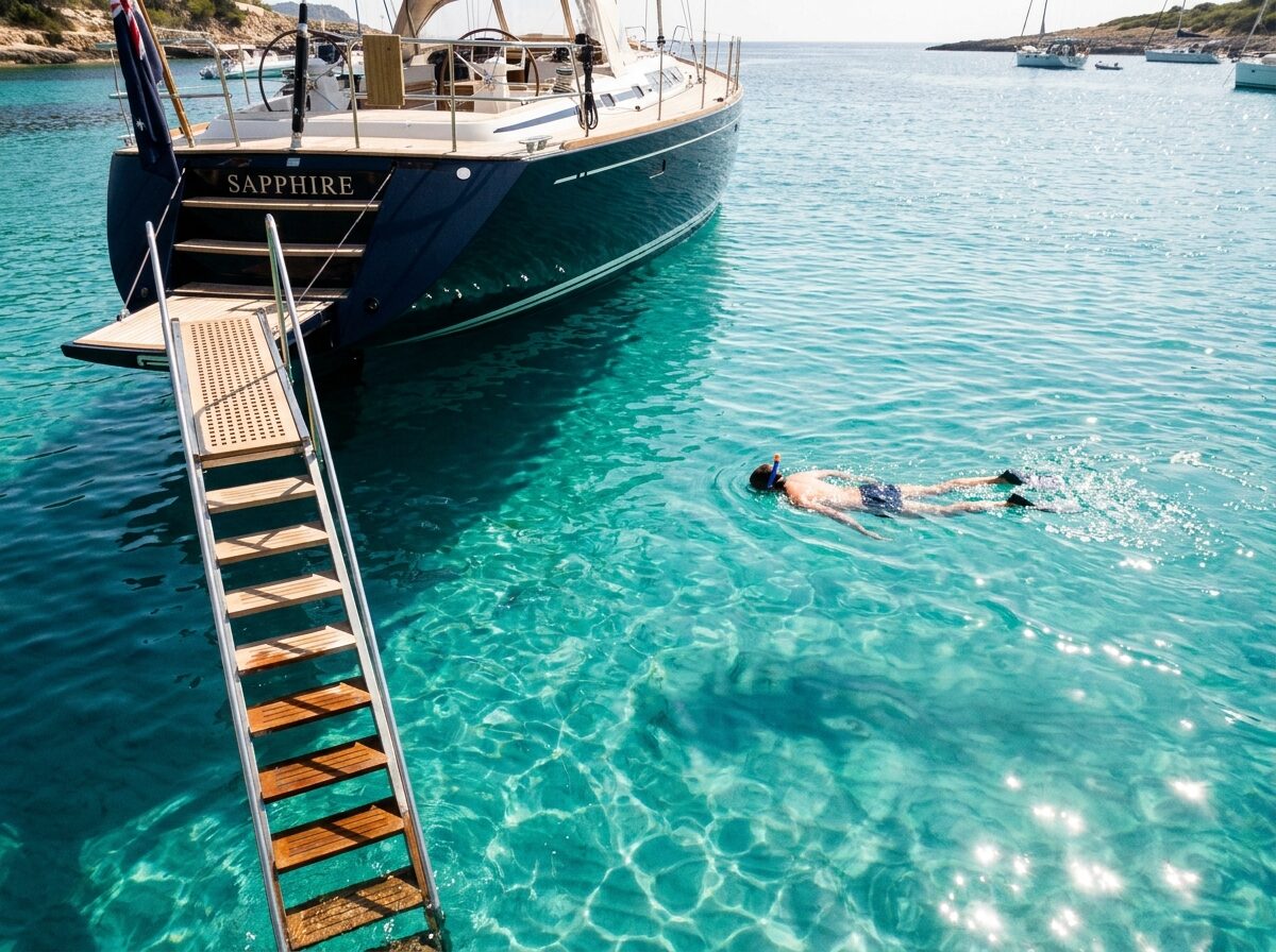 A swimmer in clear turquoise water off Sea Wren's transom