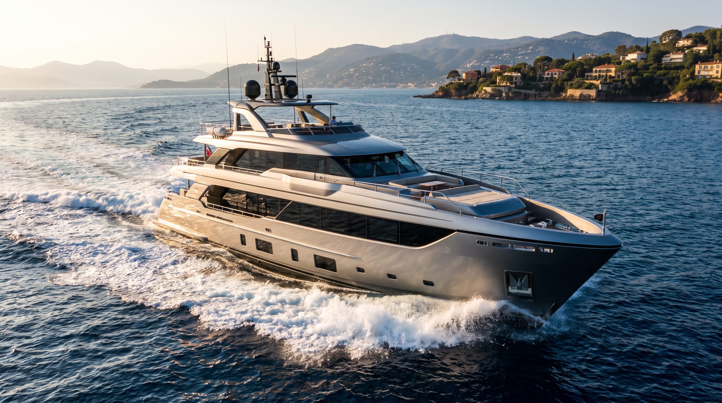 M/Y Isolde, a silver-grey motor yacht at speed