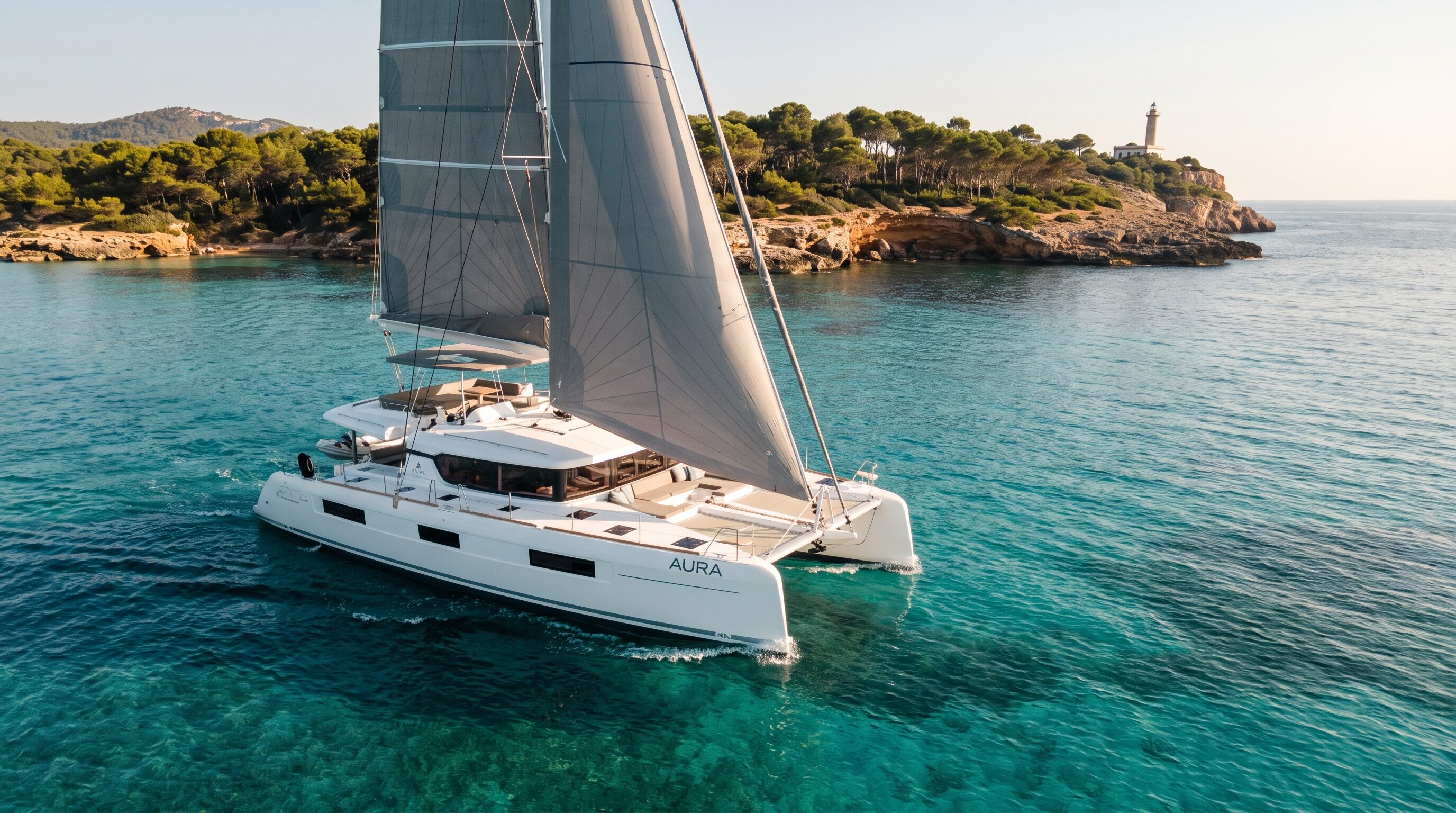 Lira, a white sailing catamaran in shallow turquoise water