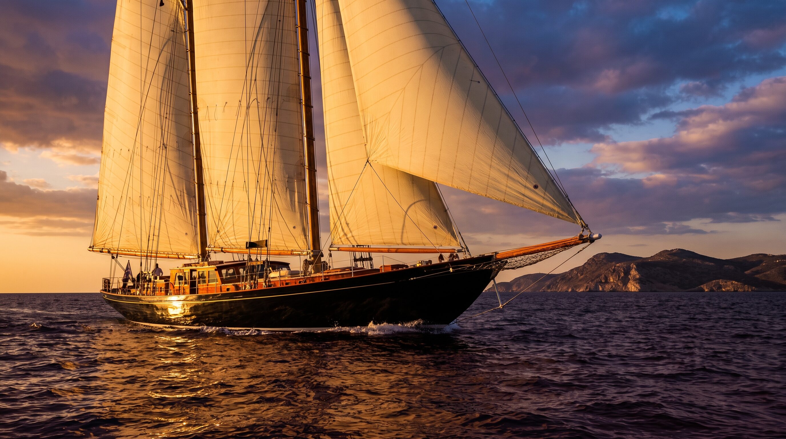 S/Y Meltemi, a black-hulled 1936 schooner under sail