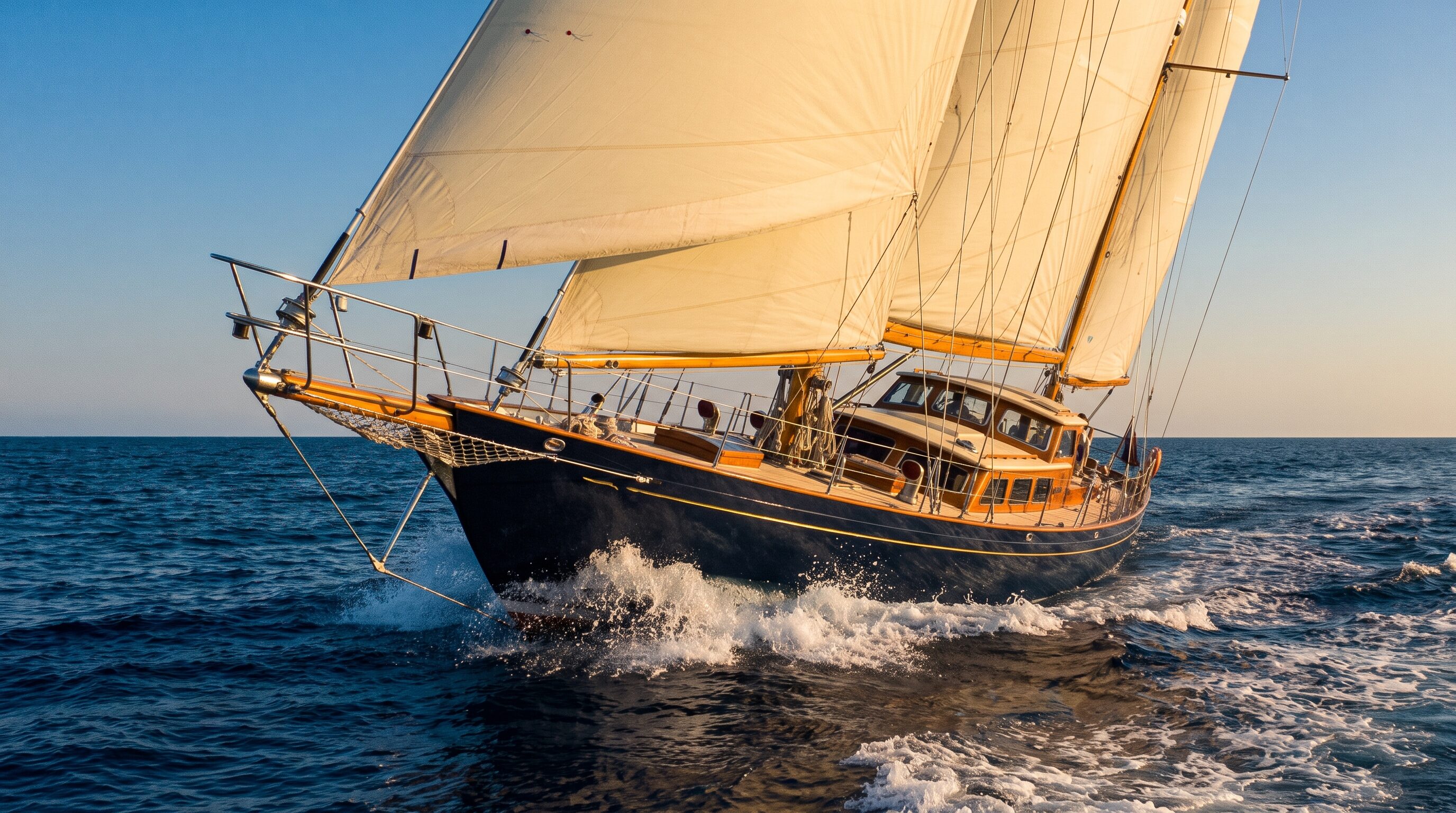 S/Y Sea Wren, a navy-hulled ketch under full sail