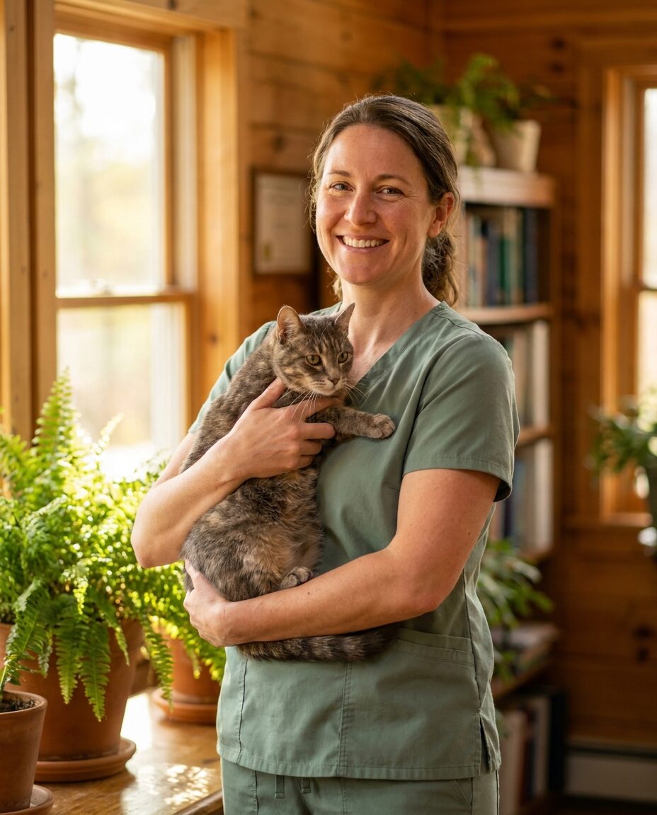 Dr Eleanor Voss in green scrubs, gently holding a tabby cat