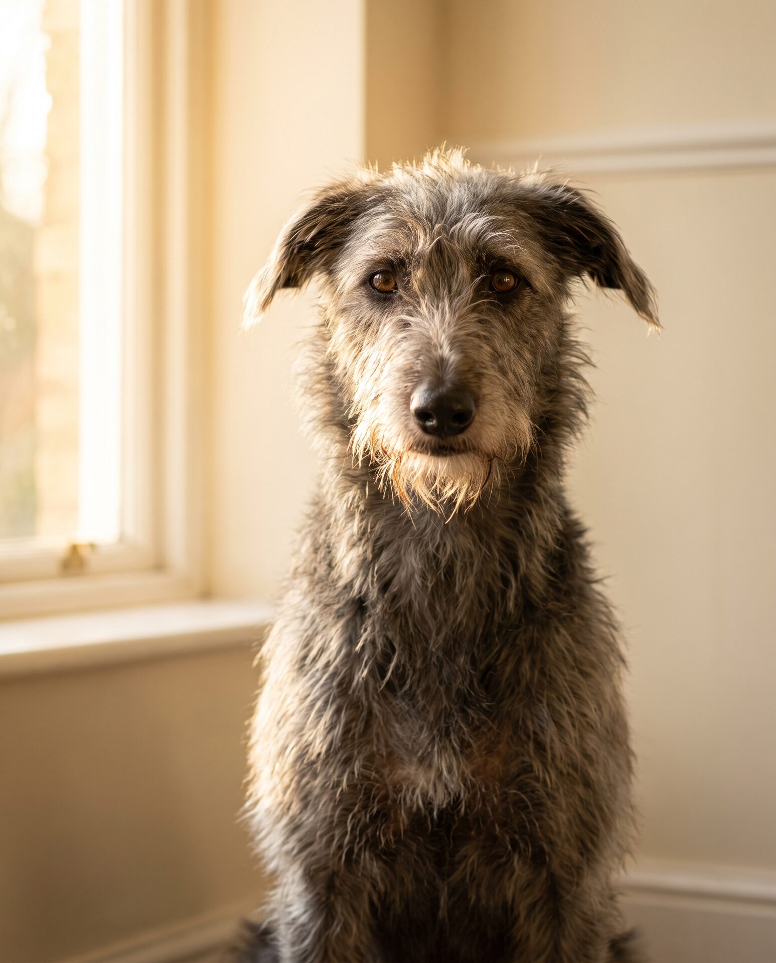 A scruffy grey lurcher sitting in warm window light, looking calmly at the camera
