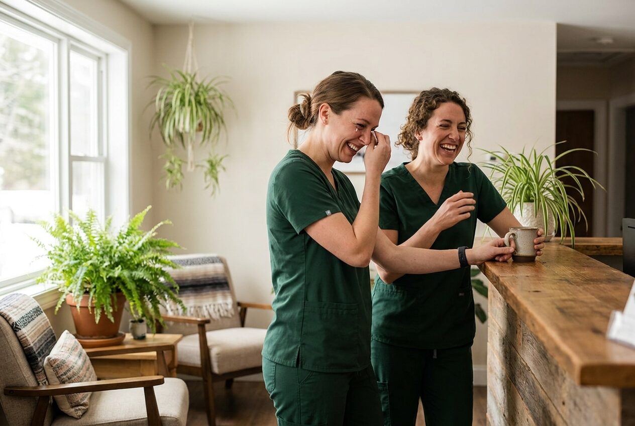 Nurses Jo Fairbrother and Maya Clark laughing together at the reception desk