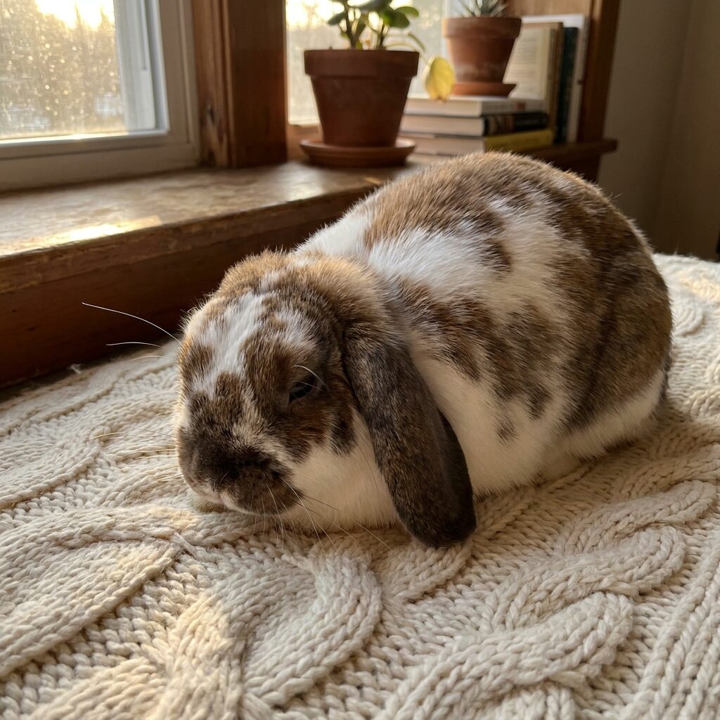 Clover the lop-eared rabbit resting on a knitted blanket