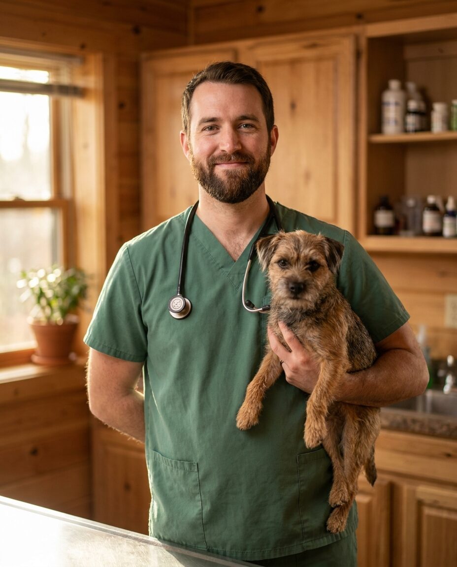 Dr Sam Herrera with a stethoscope, holding a small terrier
