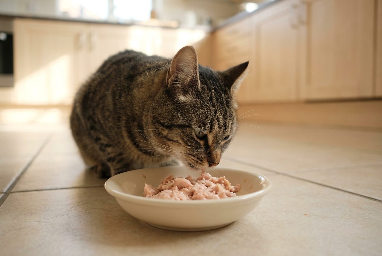A tabby cat eating from a small cream ceramic bowl
