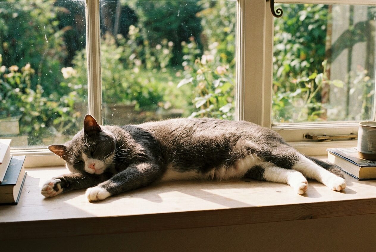 A grey and white cat stretched out on a sunny windowsill