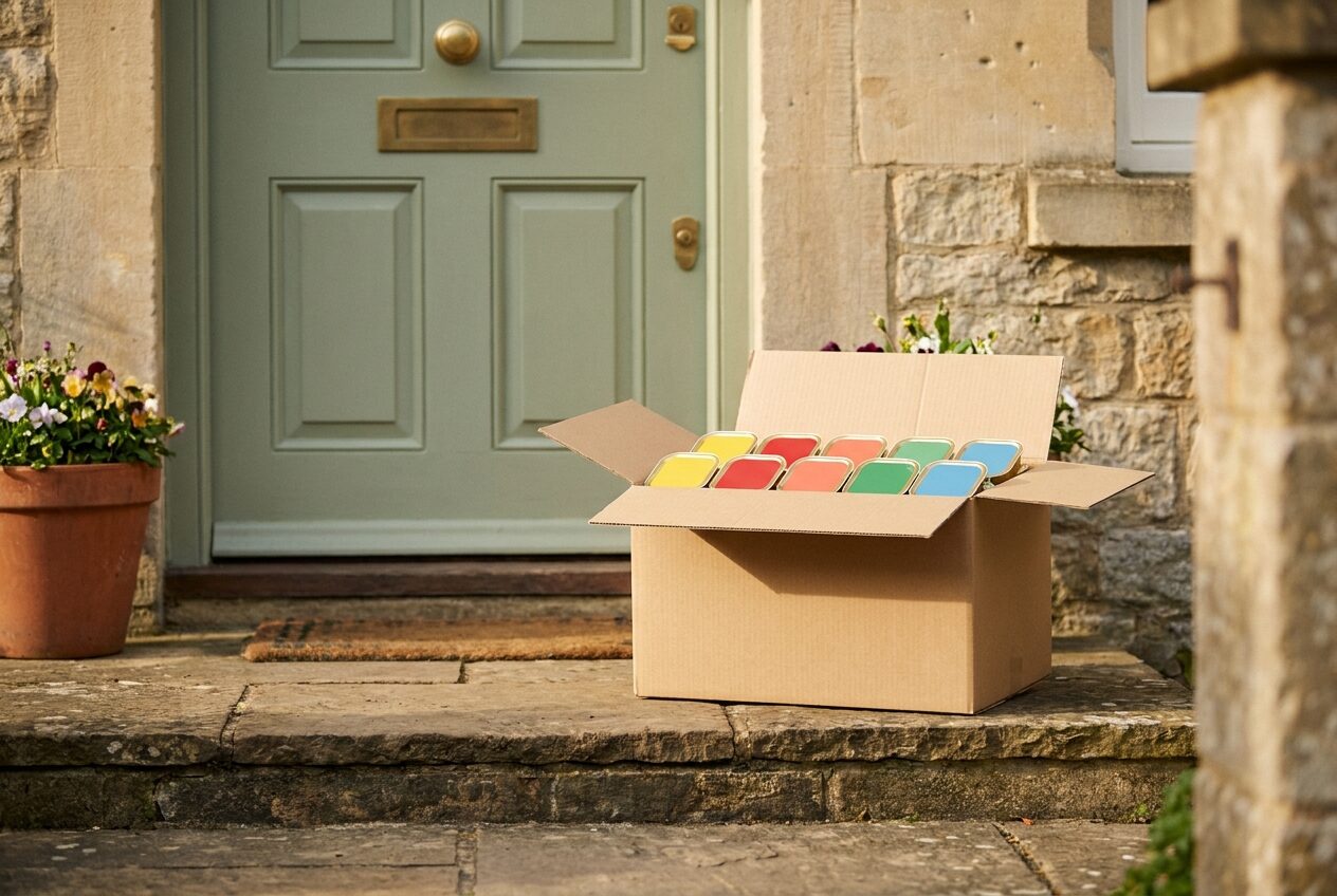 An open kraft delivery box of colourful tins on a doorstep