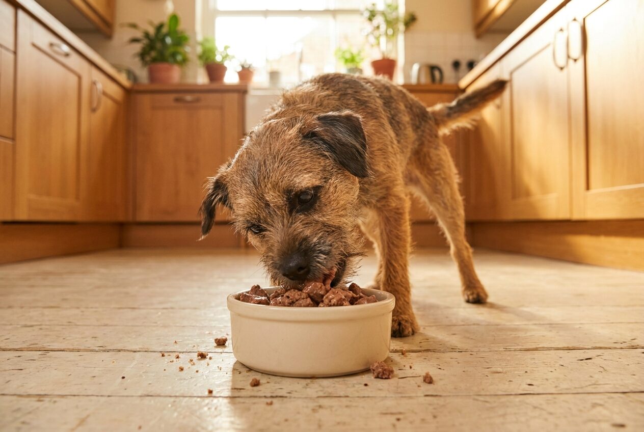 A border terrier eating from a cream ceramic bowl