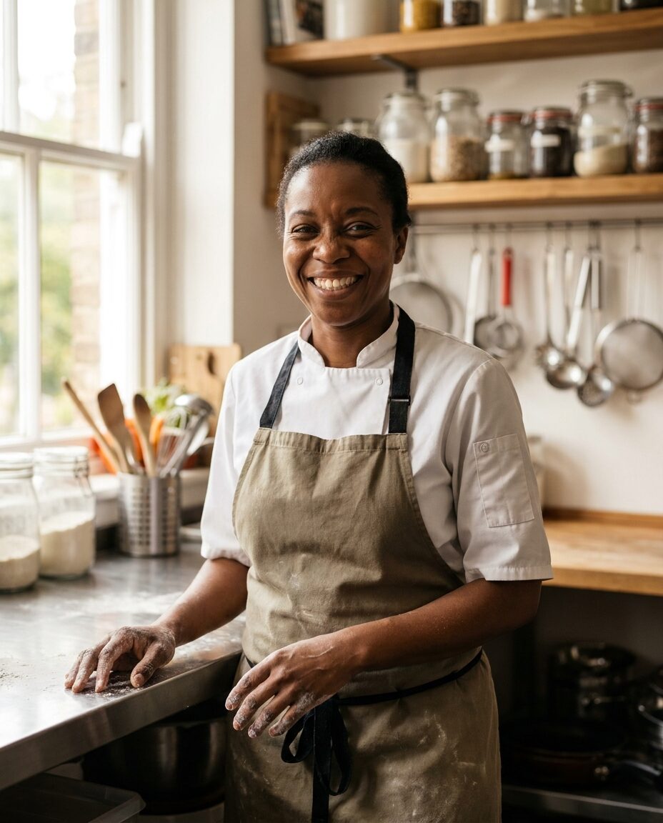 Nessa Okonkwo in kitchen whites in the Snaffle kitchen