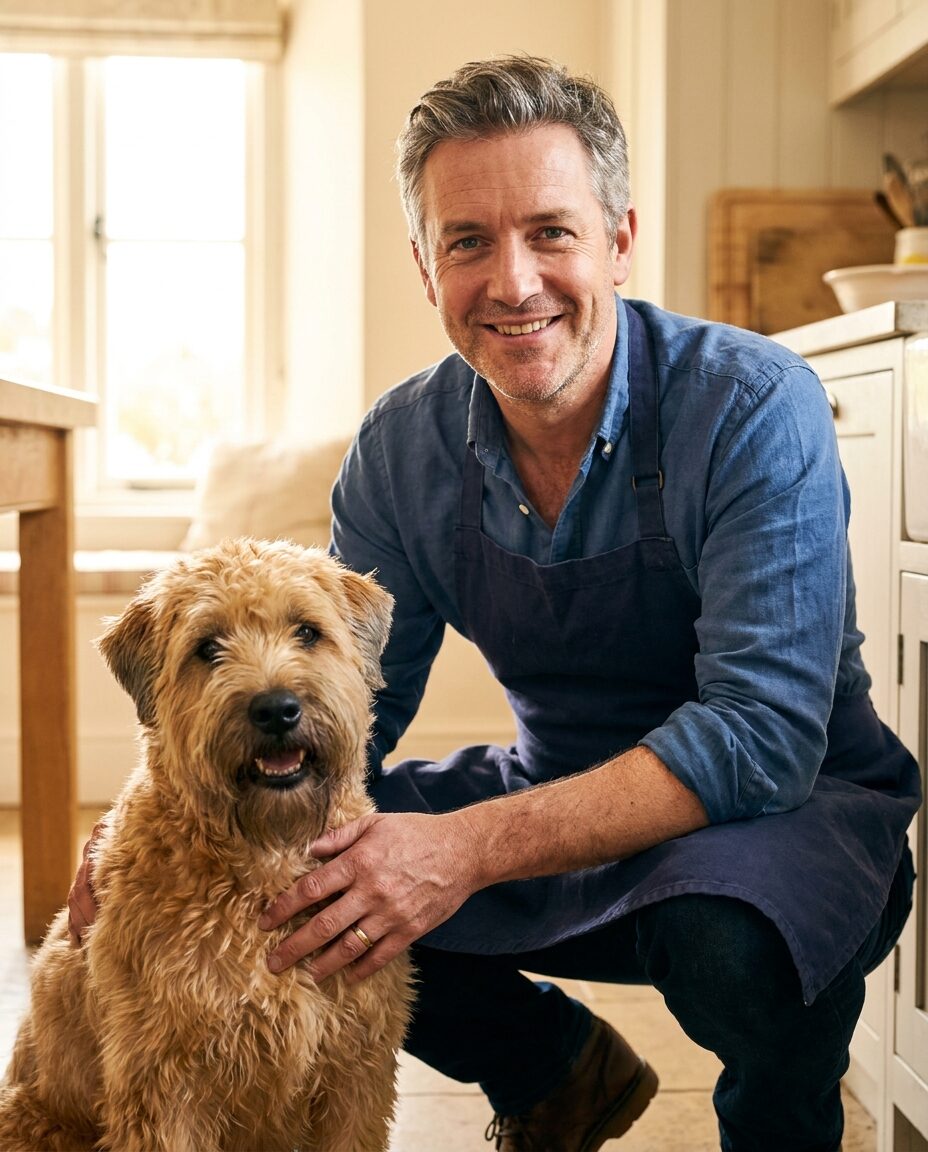 Tom Braithwaite crouching beside a wheaten terrier in the kitchen